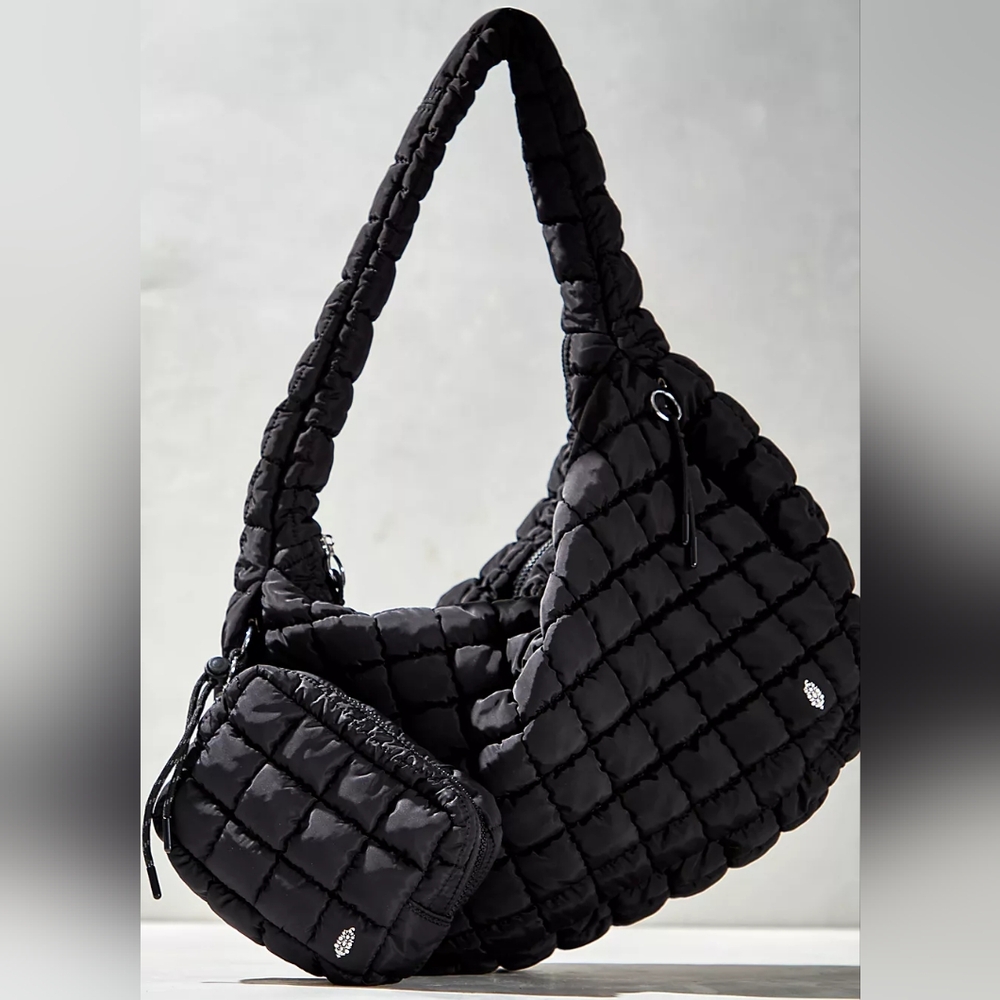 FP Movement Free People Black Quilted Carryall Shoulder Bag Tote Gym Hobo New